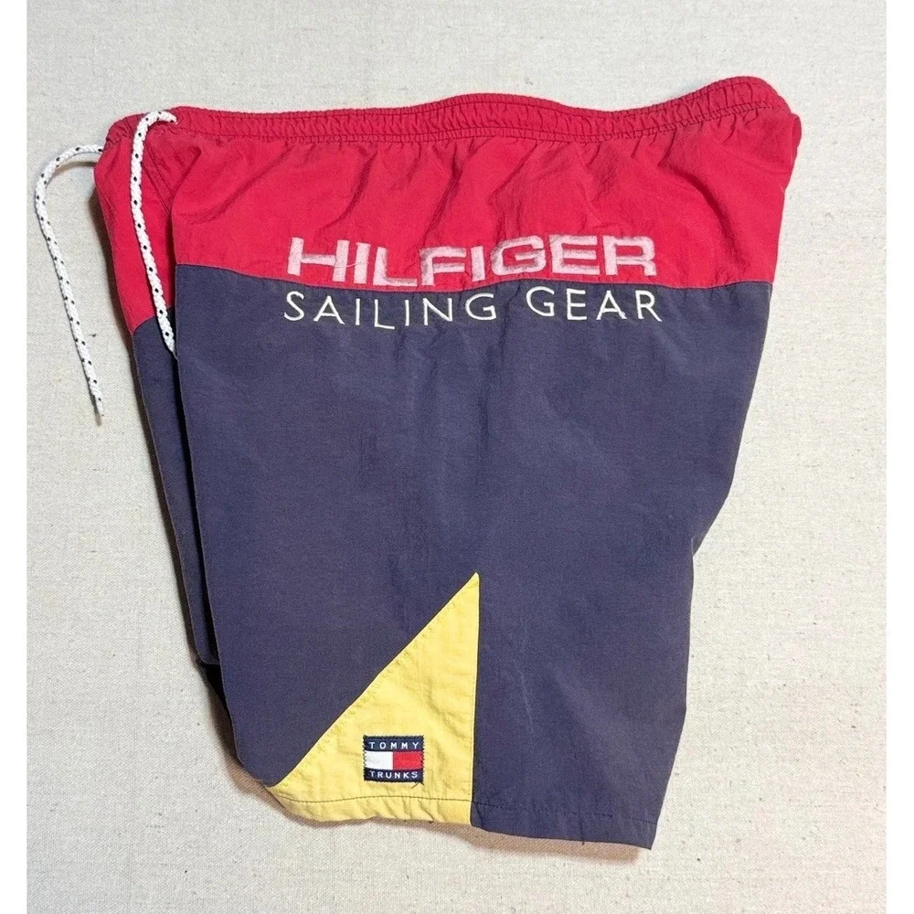 Tommy Hilfiger Sailing Gear Swim Trunks Large Vintage Colorblock Navy Red Nylon